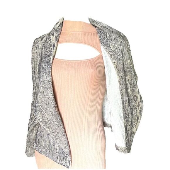 CHICO'S Metallic Silver Jacket Open Front Blazer Boucle Blouse Top Women 0 - Picture 3 of 9